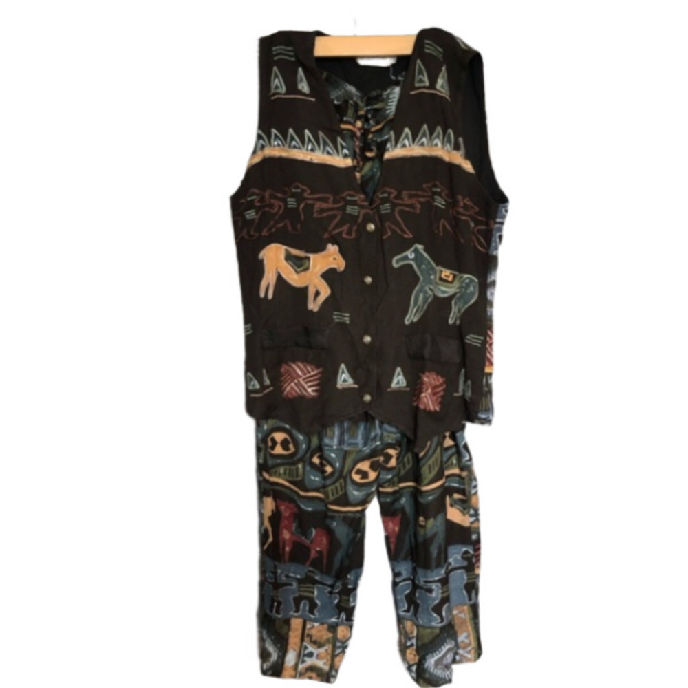 Vintage 80s Le Château Southwestern Aztec Coord Set Vest and Pants Small - Picture 1 of 16